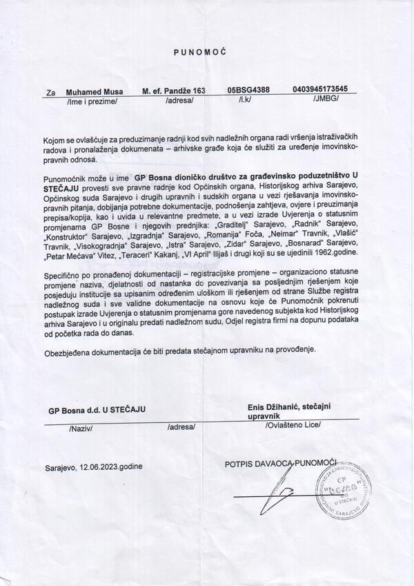 Ovlaštenje od GP Bosna
