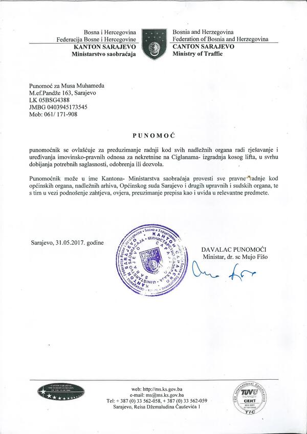 Ovlaštenje od Ministarstva saobraćaja za arhivske usluge, izdato 2017. godine