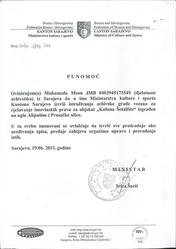 Ovlaštenje od Ministarstva kulture i sporta