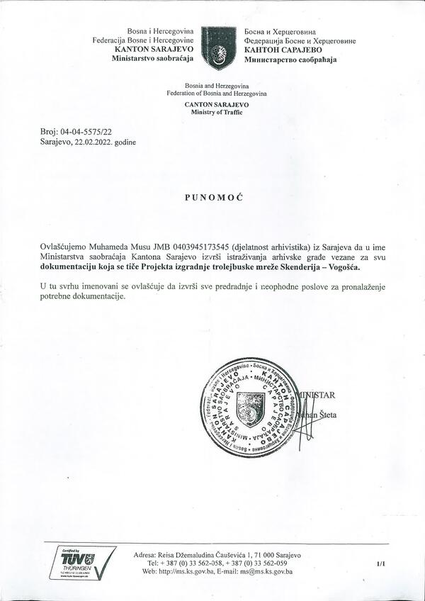 Ovlaštenje od Ministarstva saobraćaja za arhivske usluge, izdato 2022. godine