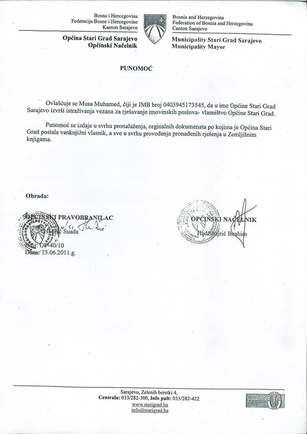 Ovlaštenje od Općine Stari Grad