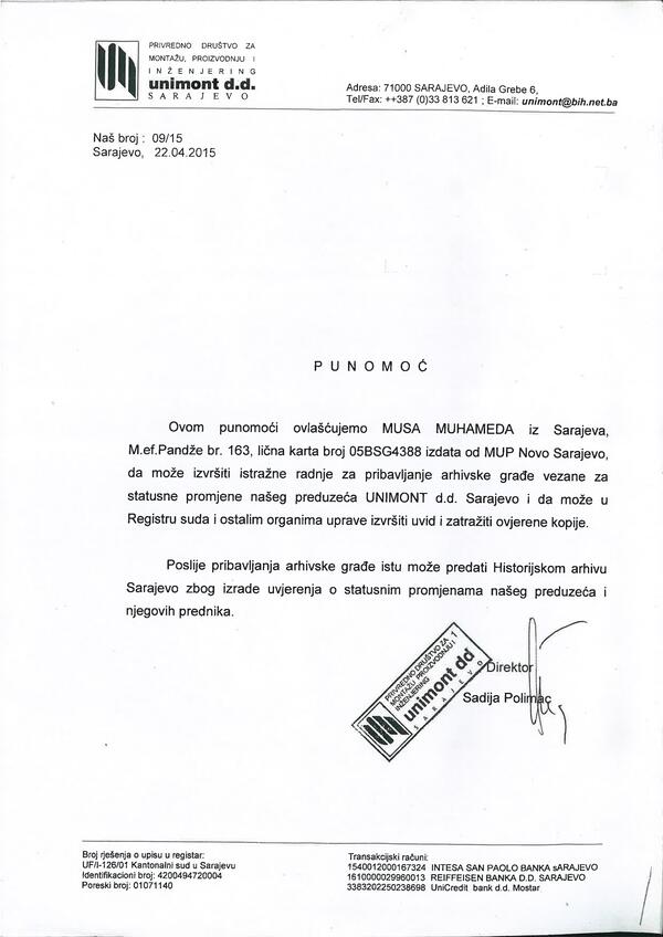 Ovlaštenje od kompanije UNIMONT d.o.o.