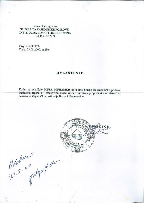 Ovlaštenje od Zajedničkih institucija BiH