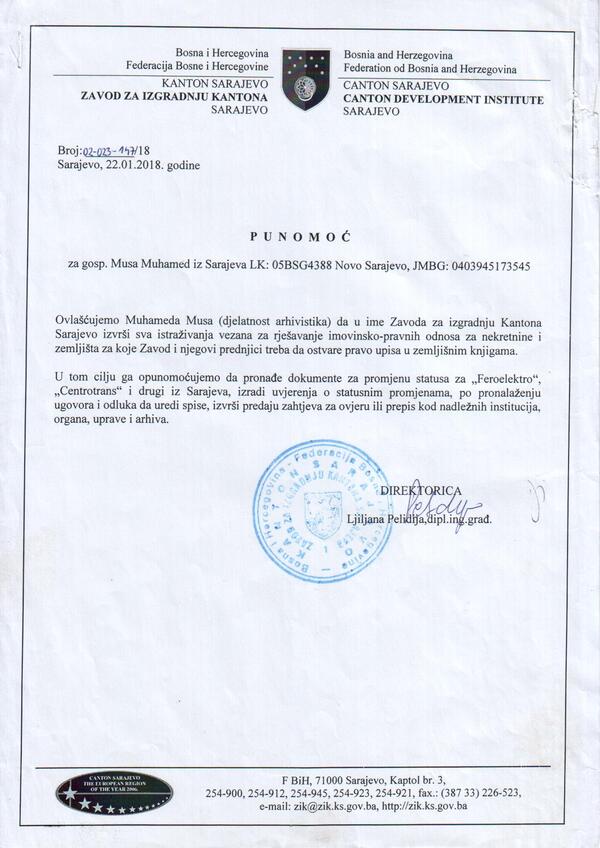 Ovlaštenje od Zavoda za izgradnju Kantona Sarajevo