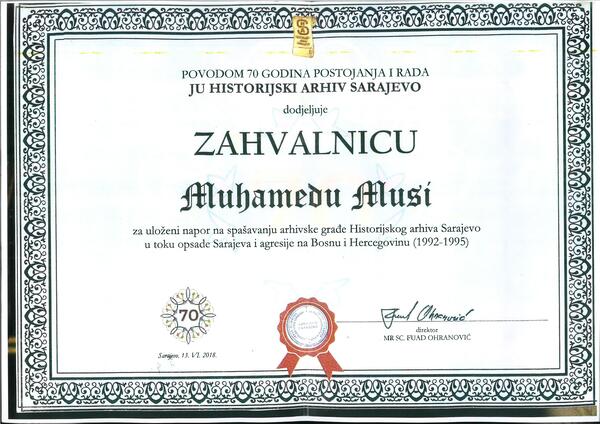 Zahvalnica od Historijskog arhiva Sarajevo