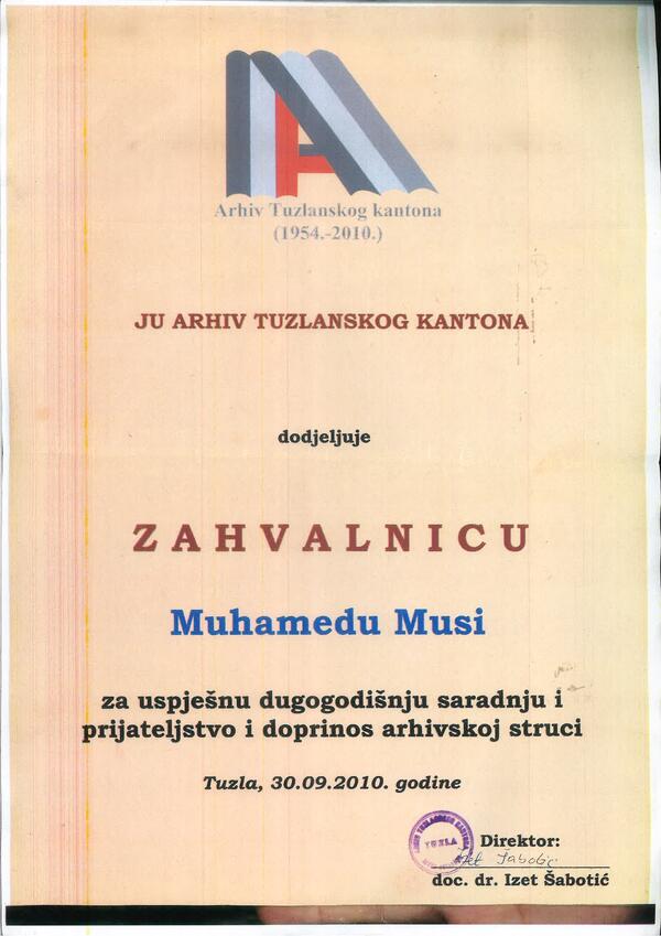 Zahvalnica od Arhiva Tuzla